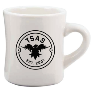 White mug with round black TSAS logo